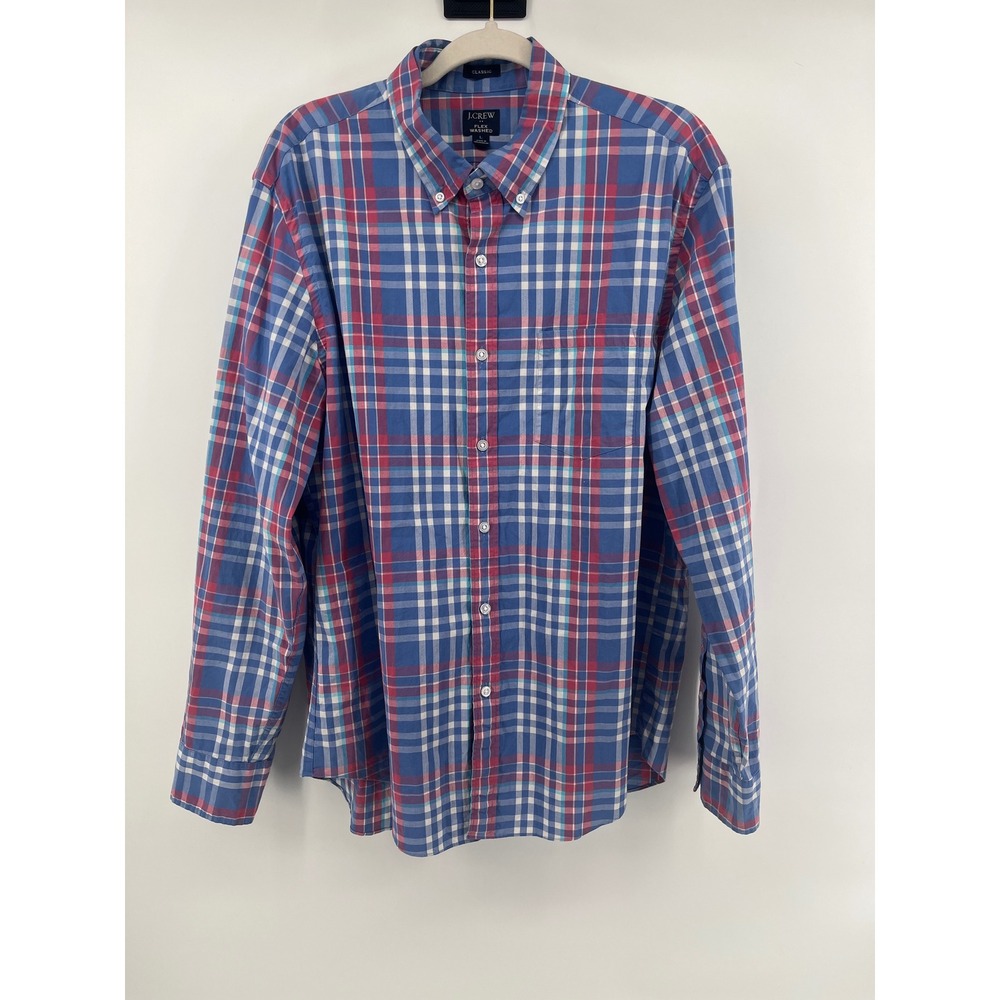 J.Crew Flex Washed‎ Shirt Mens Large Blue Red Plaid Classic Fit Button Down L